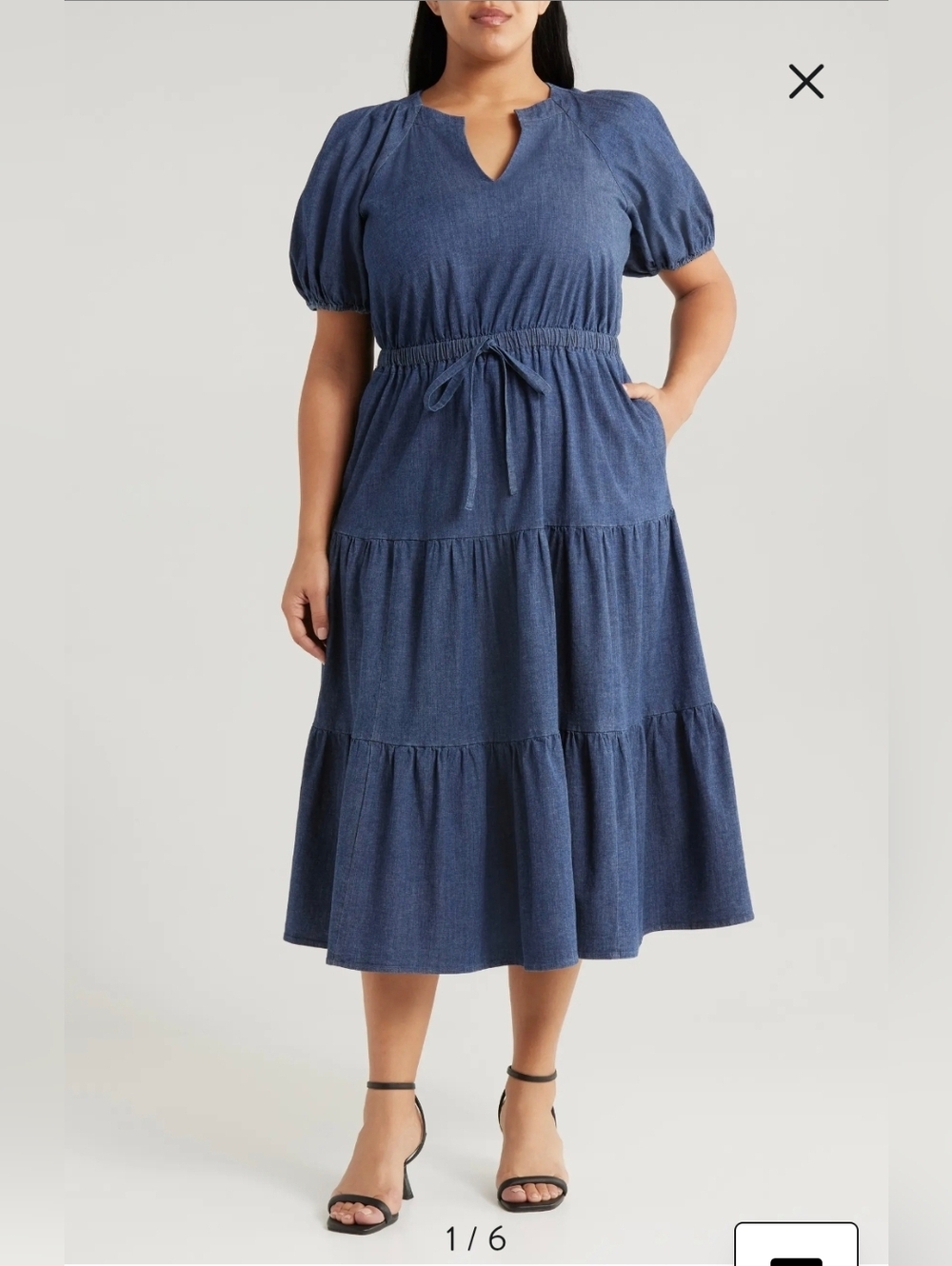 Anne Klein Denim-Blue Tiered Midi Dress with Tie Waist Plus Size 20-22W